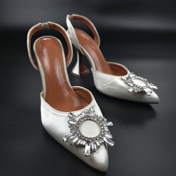 AMINA MUADDI Begum Sling 70 White Satin Swarovski Crystal Pointed Pumps 90s y2k - Picture 6 of 13